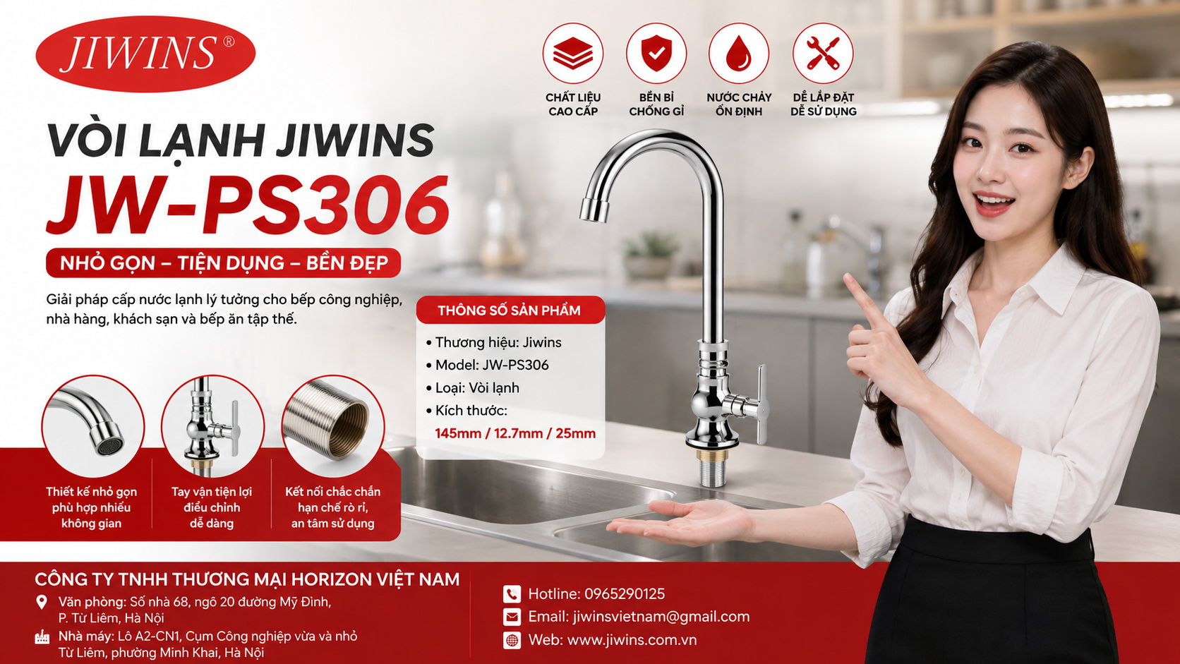 Vòi lạnh Jiwins JW-PS306 – Thiết kế nhỏ gọn, tiện dụng cho hệ thống bếp chuyên nghiệp